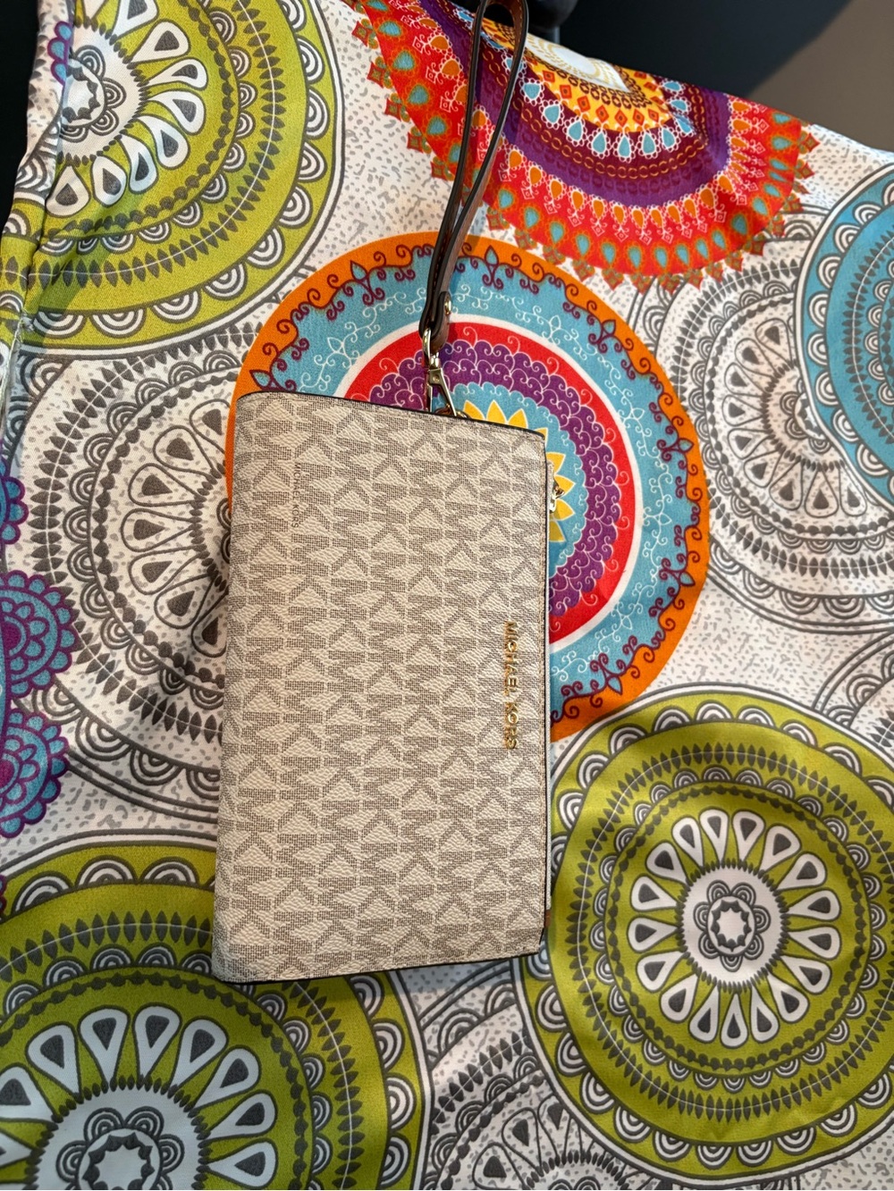 Michael Kors Beige Logo-Print Wristlet Wallet with Dark Brown Strap